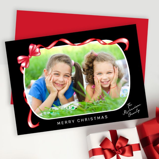 Festive Red Ribbon and Bow Curved Photo Jul Julkort (Skapare uppladdad)