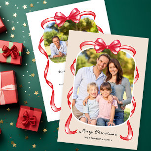 Festive Red Ribbon Bow Curved 2 Fotojul Julkort