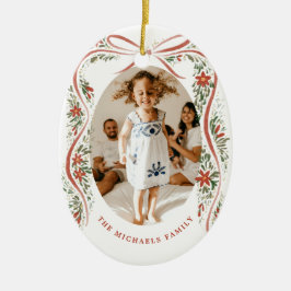 Festive Red Ribbon med Poinsettias och Greenery Julgransprydnad Keramik