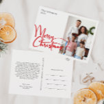 Festive Red Script God jul One Photo Helg Vykort<br><div class="desc">Fira säsongen med det här festive Red-skriptet God jul ett fotovykort för helgdag med en liten elegant charm. Chicens utformning visar en enkel röd-vit palett färg, som frammanar vinterns mysiga anda. Dess moderna och unika dragningskraft och dess gedigna formulering skapar en balans mellan perfekt och säsong. I en avslappnad och...</div>
