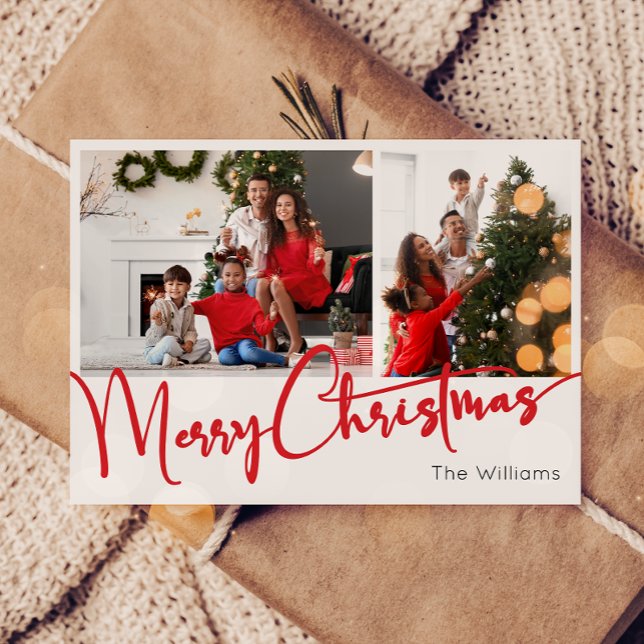 Festive Red Script God jul Two Photo Julkort (Skapare uppladdad)