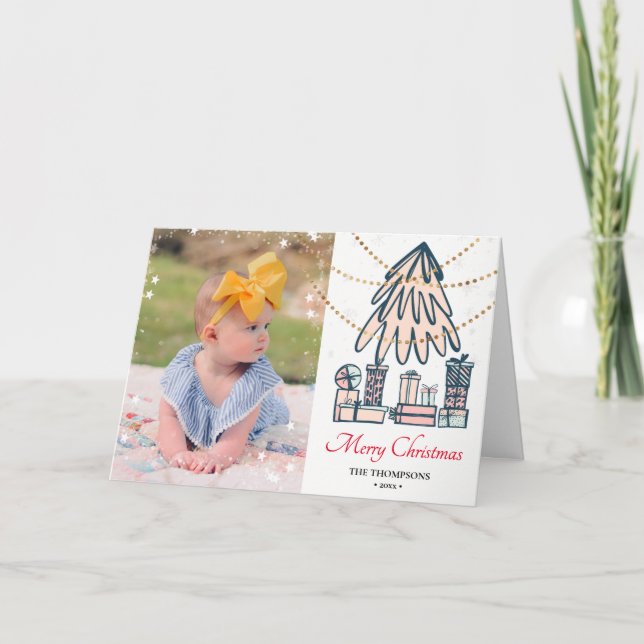 Festive Red Script Snöflingor Bokeh Gräs Träd Roli Helgkort (Framsida)