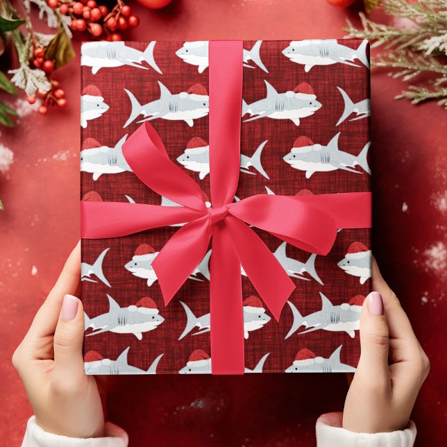 Festive Red Shark Santa Hat Art Presentpapper (Shark Santa Red Fabric Look Background Wrapping Paper)