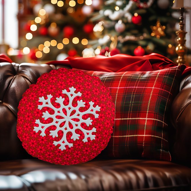Festive Red Snowflake Decorative Accorative Rund Kudde (Classic Red and White Snowflake Round Decorative Pillow)