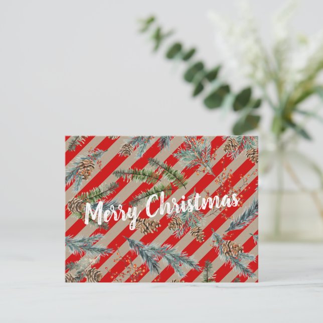Festive Red Stripe Pine Spruce Cones Kraft Holiday Helg Vykort (Stående Fram)