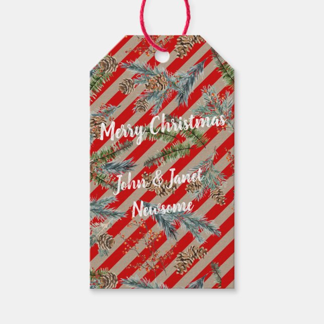 Festive Red Stripe Pine Spruce Cones Kraft Holiday Presentetikett (Framsidan)