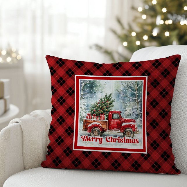 Festive red truck Christmas scene rustic bold  Kudde (Festive red truck Christmas scene rustic bold pillow tag

)