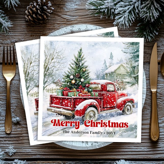 Festive red truck Christmas scene rustic table  Pappersservett (Festive red truck Christmas scene rustic table Paper Dinner Napkins)