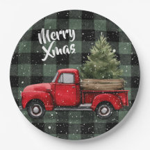 Festive Red Truck with Christmas Tree Paper Plates