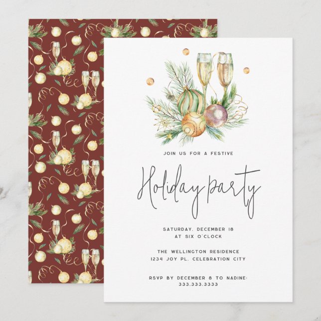 Festive Red Watercolor Champagne jul Party Inbjudningar (Fram/baksida)