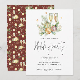 Festive Red Watercolor Champagne jul Party Inbjudningar