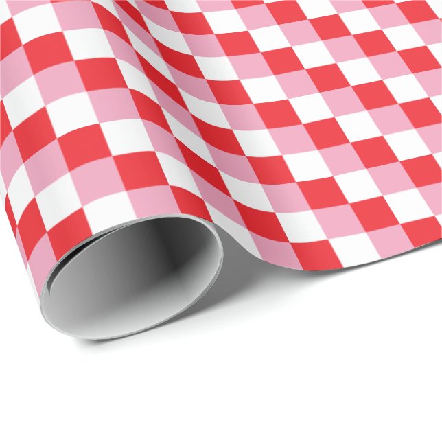 Festive Red, White and Rosa Tri-Färg Checks Presentpapper (Rullad Hörn)