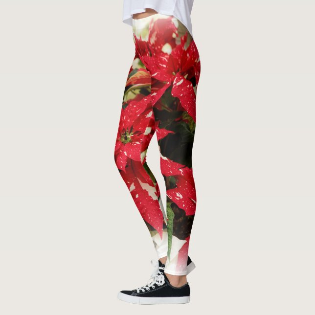 Festive Red White Blommigt Poinsettias Leggings (Vänster)