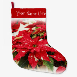 Festive Red White Blommigt Poinsettias Stor Julstrumpa