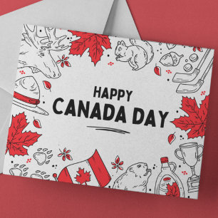 Festive Red-White Illustrative Canadian Symbols Helg Vykort