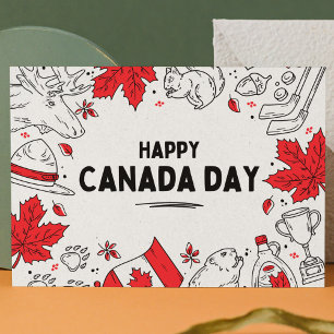 Festive Red-White Illustrative Canadian Symbols Vykort