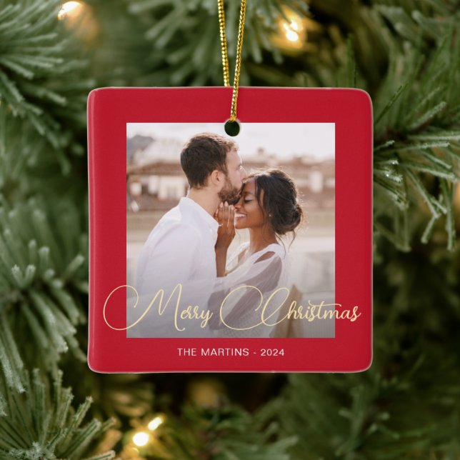 Festive Red Winter Hjort Photo jul Julgransprydnad Keramik (Träd)