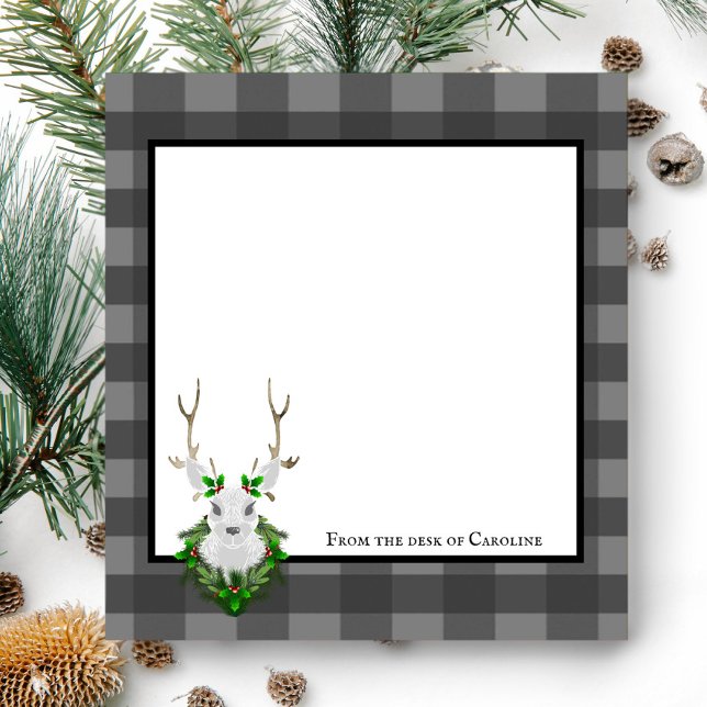 Festive Reindeer Buffalo Play Personlig Anteckningsblock (Gray Festive Reindeer Buffalo Plaid Personalized Notepad)
