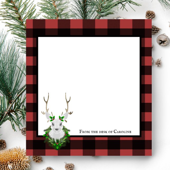 Festive Reindeer Buffalo Play Personlig Anteckningsblock (Black and Red Festive Reindeer Buffalo Plaid Personalized Notepad)