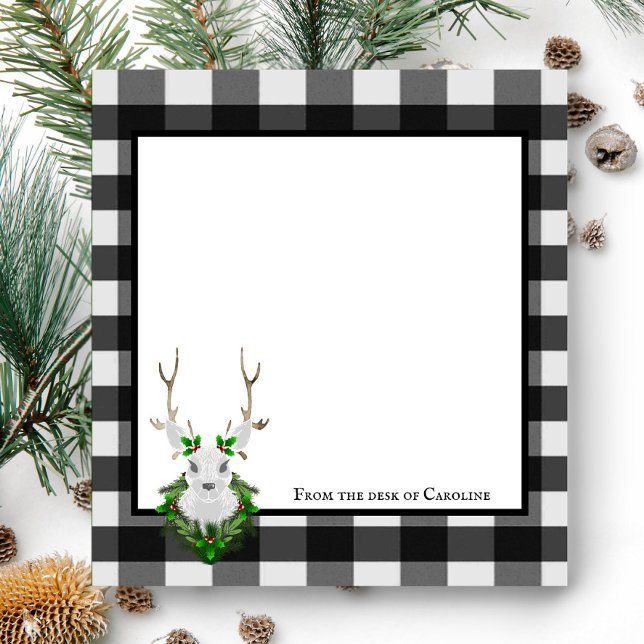 Festive Reindeer Buffalo Play Personlig Anteckningsblock (Black and White Festive Reindeer Buffalo Plaid Personalized Notepad)