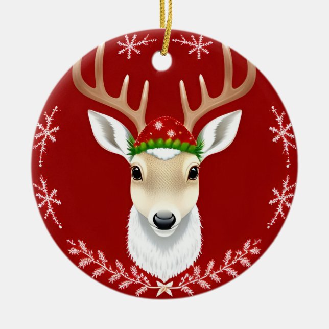 Festive Reindeer Illustration with Red Background Julgransprydnad Keramik (Framsidan)