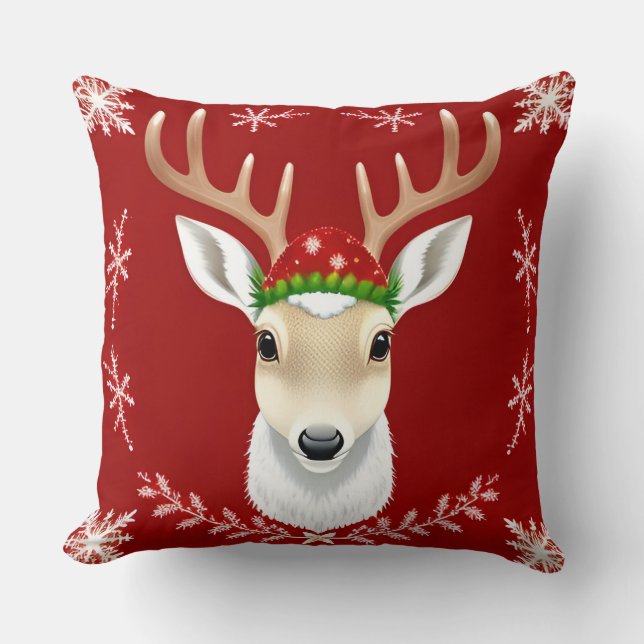 Festive Reindeer Illustration with Red Background Kudde (Framsida)
