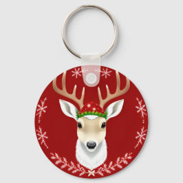 Festive Reindeer Illustration with Red Background Nyckelring