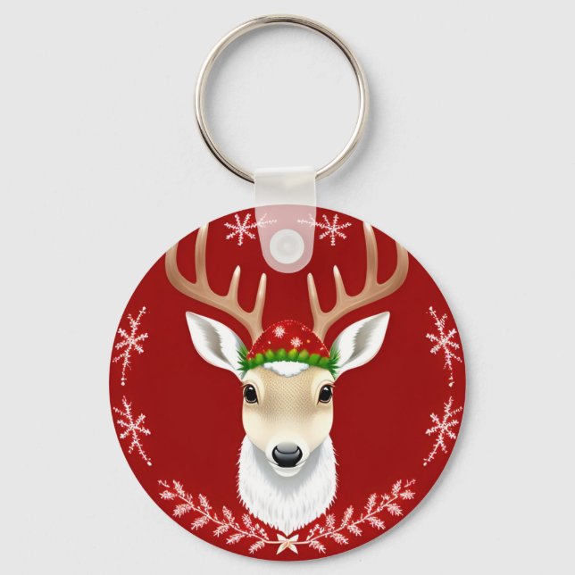 Festive Reindeer Illustration with Red Background Nyckelring (Framsida)