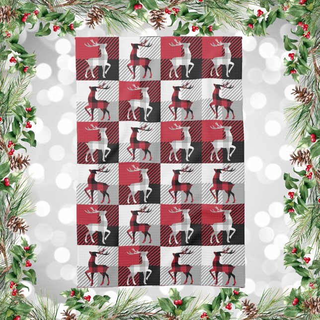 Festive Reindeer Red Grått Play Illustration Kökshandduk (Buffalo Plaid Reindeers on Gray Buffalo Plaid Kitchen Towel)