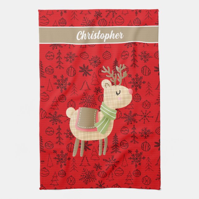 Festive Reindeer tea towel - anpassningsbar monogr Kökshandduk (Vertikal)