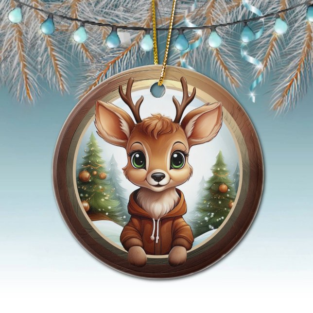 Festive Reindeer Xmas Wooden Frame Decoration 🦌🎄 Julgransprydnad Keramik (Festive Reindeer Xmas Wooden Frame Decoration Rustic Holiday Deer Christmas tree ceramic ornament 🦌)