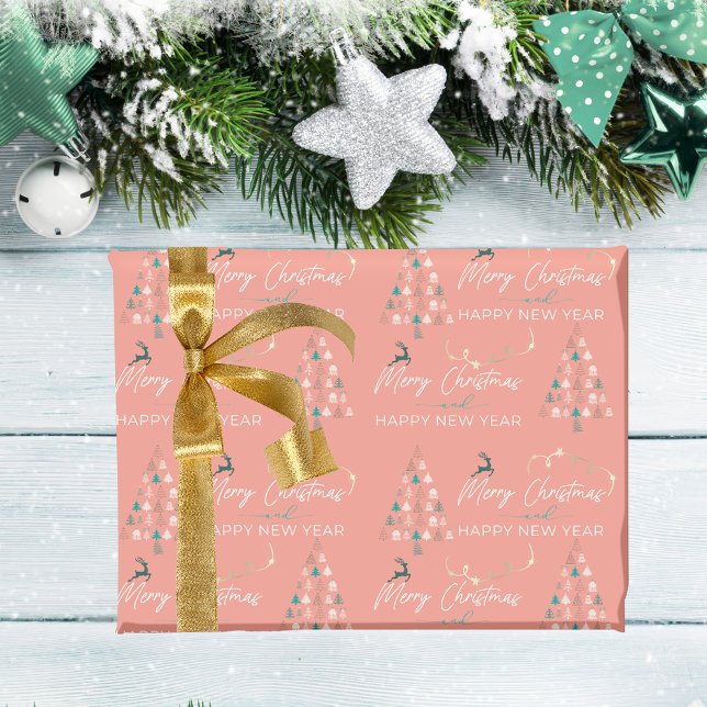 Festive Retro Doodle Julgran Reindeer Stars Presentpapper (Festive Retro Doodle Christmas Tree Reindeer Stars Wrapping Paper)