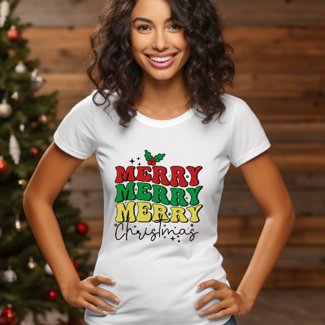 FESTIVE RETRO GOD JUL FAMILY T SHIRT (Holiday festive fun outfit with quote MERRY MERRY MERRY CHRISTMAS PIJAMA OR FAMILY GATHERING)