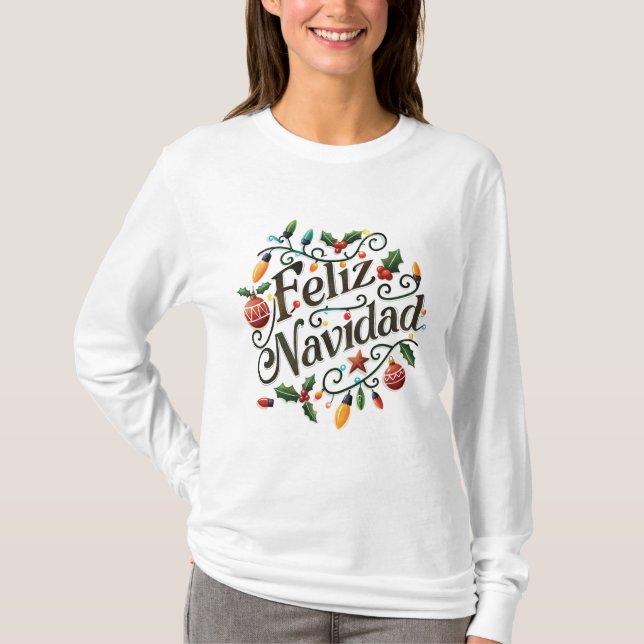 Festive Retro Light Bulbs and Holly Feliz Navidad T Shirt (Framsida)