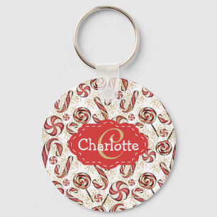 Festive Retro Polkagrisar Mönster Monogram Nyckelring