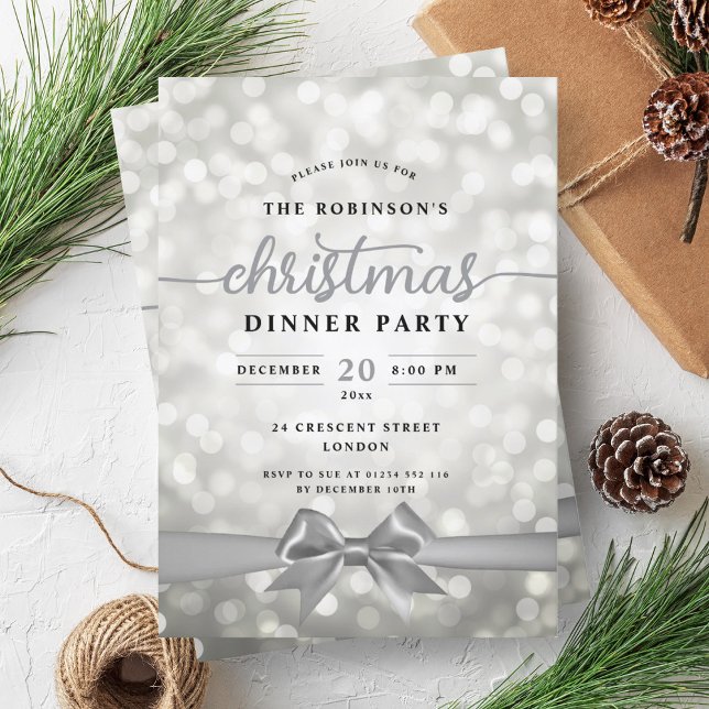 Festive Ribbon Silver Ljus jul Party Inbjudningar (Festive Ribbon Silver Lights Christmas Party Invitation)