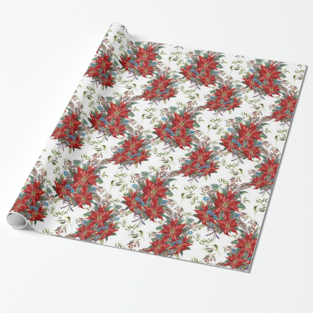 Festive Rik Red Poinsettia Blomning Papper Presentpapper (Utrullad)