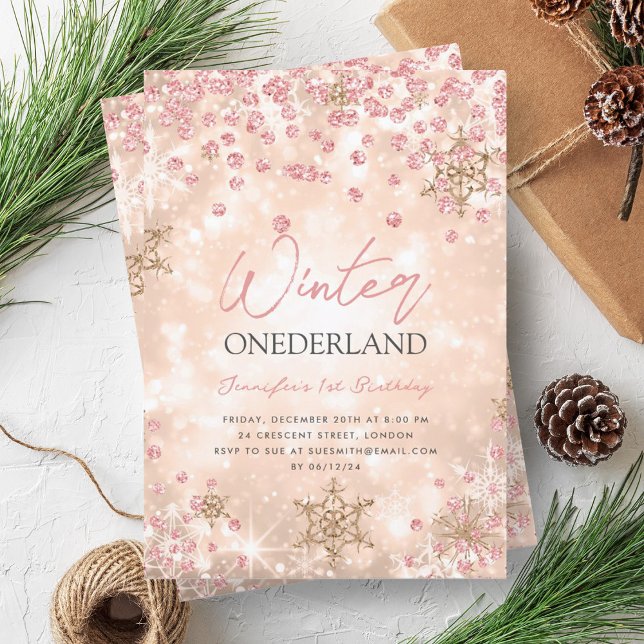 Festive Ro Guld Winter ONEDERLAND 1:a födelsedag Inbjudningar (Festive Rose Gold Winter ONEDERLAND 1st Birthday Invitation)