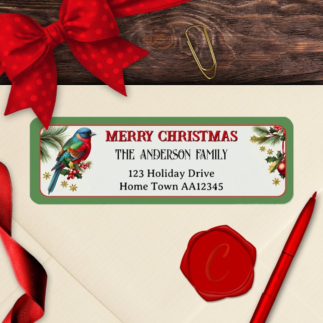 Festive Robin God jul Return-adressetikett Returadress Etikett (Merry Christmas return address label featuring a cute colorful robin with festive stars and holly)