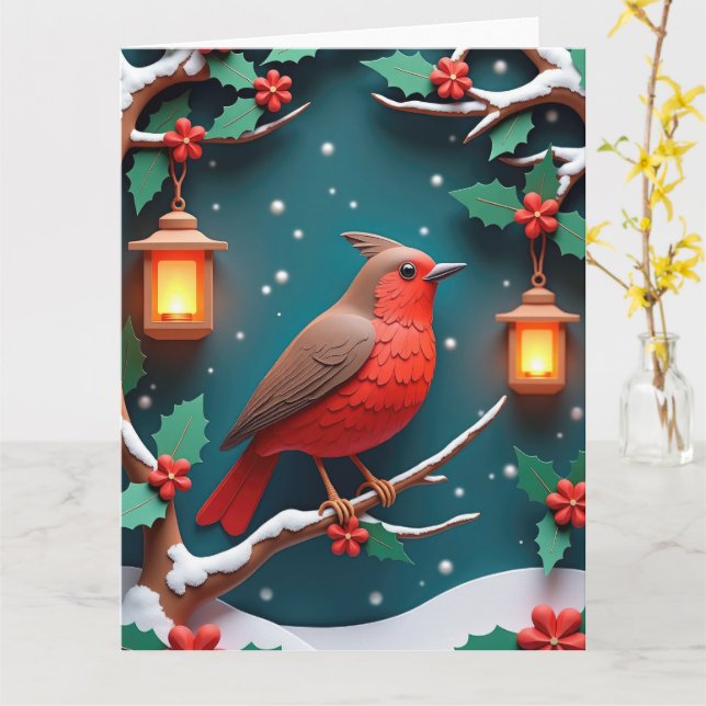 Festive Robin på Holly Gren jul Kort (Gul blomma)