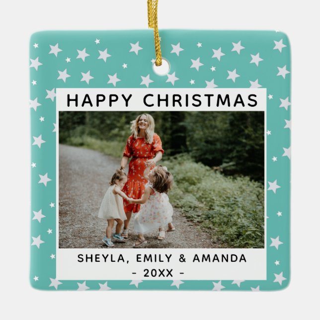 Festive Roligt Turcos Star Mönster Photo Julgransprydnad Keramik (Framsida)