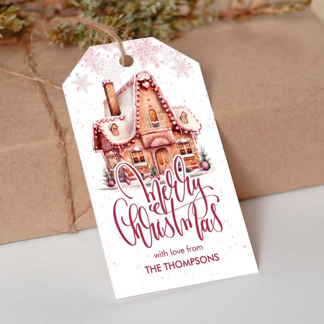 Festive Rosa Gingertea House-julförmån Presentetikett (Skapare uppladdad)