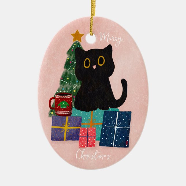 Festive Rosa God jul Cute Black Cat Coffee Julgransprydnad Keramik (Framsidan)