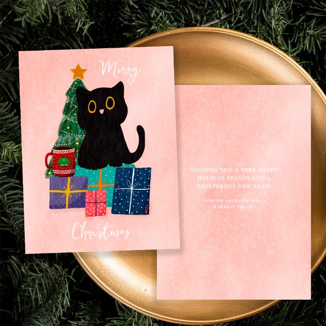 Festive Rosa God jul Cute Black Cat Coffee Julkort (Front and Back)