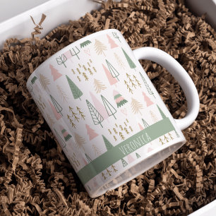 Festive Rosa Grönt Minimalist Julgranar Namn Kaffemugg