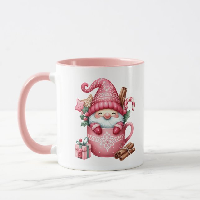 Festive rosa-julgnomer lägger till monogram mugg (Vänster)