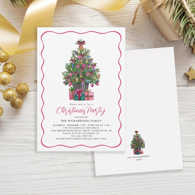 Festive Rosa Whimsical Julgran Party Inbjudningar (Festive Pink Whimsical Christmas Tree Party Invitation)