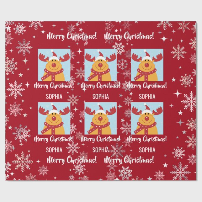 Festive Rudolph Reindeer Snow Personalized Xmas Presentpapper (Platt)