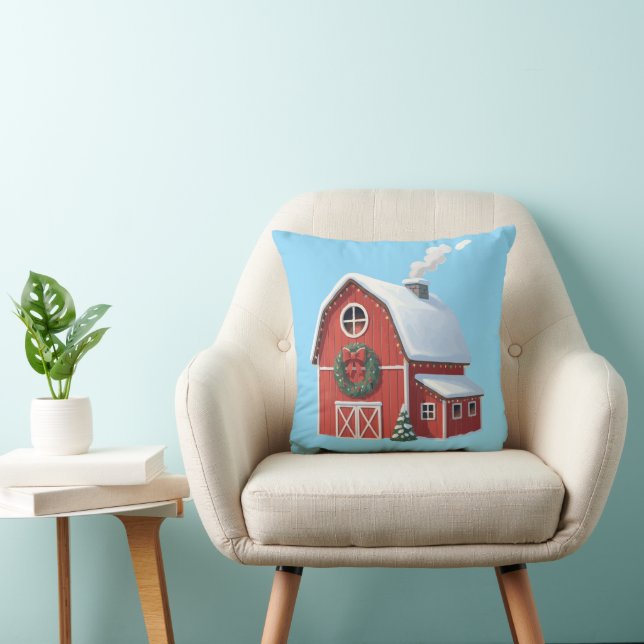 Festive Rustic Farmhouse Snowy Red Barn jul Kudde (Stol)