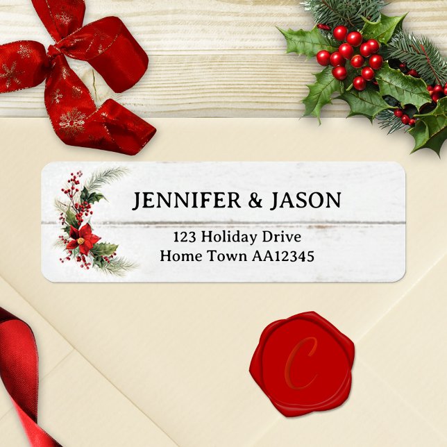 Festive Rustic Wood julretur - adressetikett Returadress Etikett (Christmas return address label featuring a watercolor floral poinsettia design on ivory rustic wood)